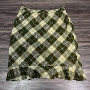 Ann Taylor Loft Green Plaid Wool Blend Pencil Shirt Ruffle Trim Women Size 10